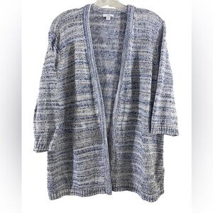 J Jill Blue Gray Cardigan Open Front Tight Knit Short Sleeve Womens Size L Tall